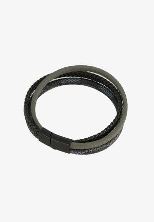 Geflochtenes schwarzes Leder und strukturiertes graues Stoffarmband mit einem glatten schwarzen Verschluss, das ein Doppelband-Design und ein schlankes Profil aufweist.