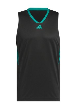 Zwarte sportieve tanktop met V-hals, voorzien van turquoise accenten op de halslijn en zijkanten, gemaakt van een soepele, lichte stof.