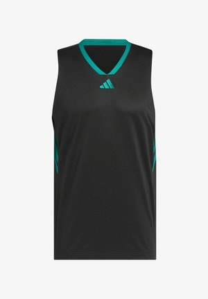 Schwarzes sportliches Tanktop mit V-Ausschnitt, ausgestattet mit türkisfarbenen Akzenten am Kragen und an den Seiten, gefertigt aus einem glatten, leichten Stoff.