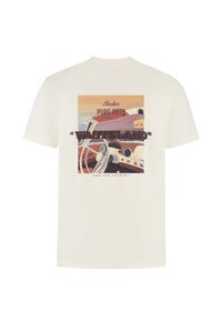 Romantische katoenen t-shirt met een kleurrijke grafische print op de rug, die een retro autointerior toont met de tekst "WASTELAND."