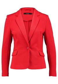 Blazer rouge en tissu texturé, avec un revers cranté, une fermeture à un bouton et deux poches avant. Coupe ajustée.