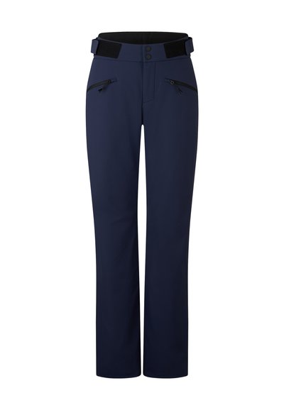 Granatowe spodnie z paskiem, który ma dwa guziki i zapięcie na rzep. Wyróżniają się dwoma przednimi kieszeniami zapinanymi na zamek.