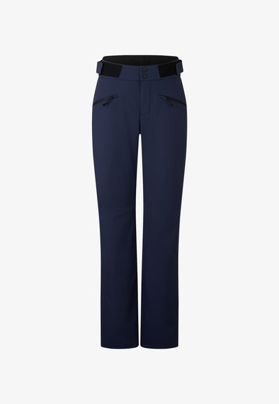 Granatowe spodnie z paskiem, który ma dwa guziki i zapięcie na rzep. Wyróżniają się dwoma przednimi kieszeniami zapinanymi na zamek.