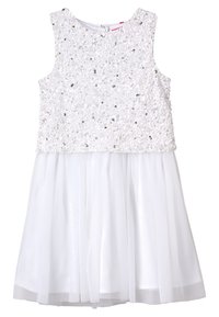 Witte jurk met een pailletten lijfje en een gelaagde, doorschijnende rok. Het ontwerp heeft een ronde halslijn en is mouwloos.