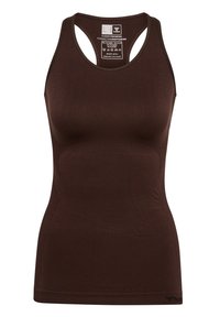 Bruine naadloze racerback sporttanktop met een geprinte waslabel aan de binnenkant en een klein hummel-logo aan de onderzoom.