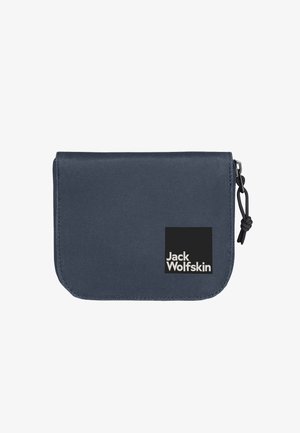 Custodia zip in tessuto blu navy con angoli arrotondati, caratterizzata da un logo nero con marchio. Il materiale ha una consistenza liscia e resistente.