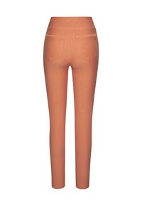 Back view of high-waisted, slim-fit orange pants with two back pockets and a fitted waistband on a white background.