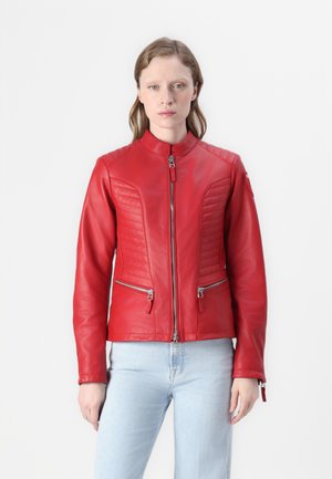 Red leather jacket with a fitted design, quilted accents on shoulders, and two zippered pockets. Features a stand-up collar and zipper closure.