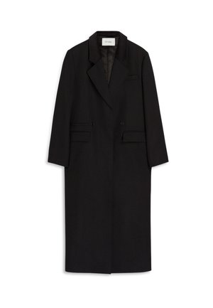 Cappotto lungo in misto lana nero con chiusura doppiopetto, revers a punte, due tasche frontali e taglio dritto. Tessuto liscio.