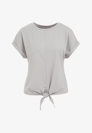 Sivý krátky rukáv tričko s okrúhlym výstrihom a uzlom na prednej strane. Vyrobené z mäkkej látky s hladkým povrchom.