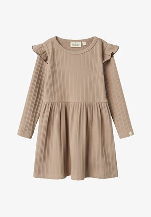 Robe à manches longues en ribbed de couleur beige clair avec une jupe évasée, ornée d'accents à volants sur les épaules et d'un col rond.