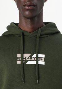 Green cotton hoodie with drawstrings, featuring a white and beige logo graphic. Smooth texture and standard fit design.