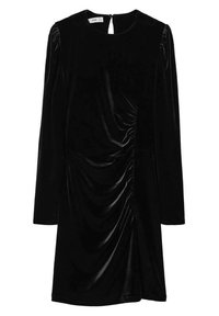 Robe longue à manches longues en velours noir avec des détails froncés sur le devant et une petite fermeture par bouton au dos au niveau de l'encolure.