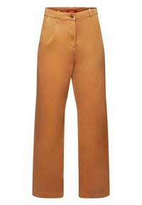 Pantalon marron taille haute à jambes droites avec passants pour ceinture, poches avant, fermeture par bouton et braguette zippée.