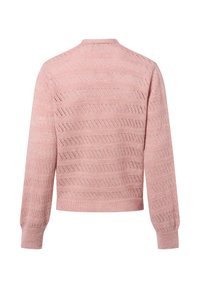 Rosa gestrickter Pullover mit einem strukturierten Muster aus horizontalen Linien und Lochdetails, mit langen Ärmeln und Rundhalsausschnitt.