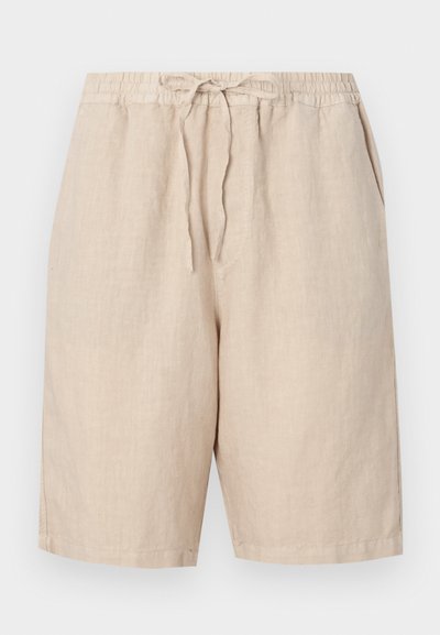 Lette shorts i en lys beige farge med elastisk midje, justerbar snøring og side lommer. Glatt tekstur med en avslappet passform.