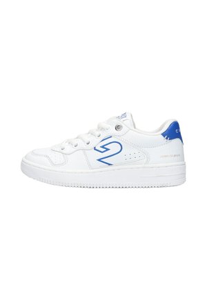 White low-top sneaker with blue logo on side, blue heel tab, perforated details, and white laces, shown in a right-side view.