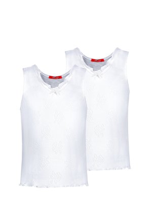 White cotton tank tops featuring a round neckline, scalloped edges, and a subtle floral pattern. Two pieces included. Red label on interior.