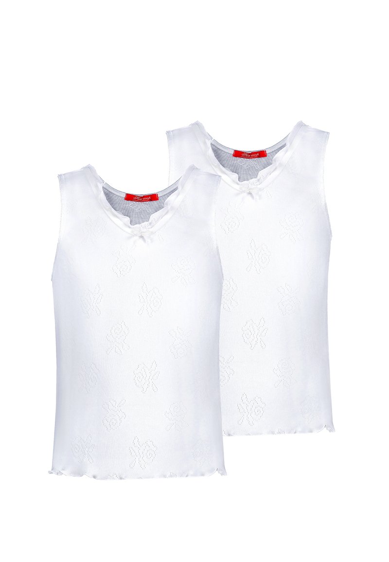 Weiße Baumwoll-Tanktops mit Rundhalsausschnitt, gewellten Kanten und einem dezenten Blumenmuster. Zwei Teile enthalten. Rotes Etikett im Inneren.