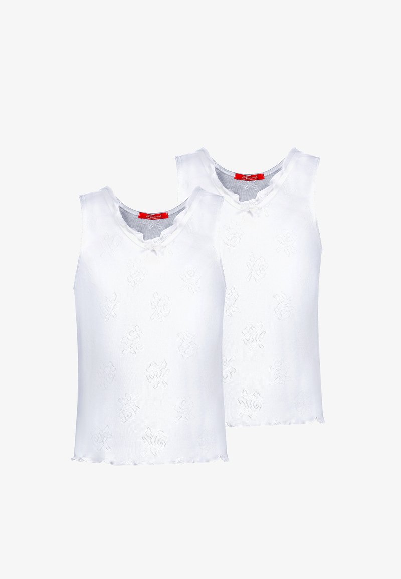 Weiße Baumwoll-Tanktops mit Rundhalsausschnitt, gewellten Kanten und einem dezenten Blumenmuster. Zwei Teile enthalten. Rotes Etikett im Inneren.