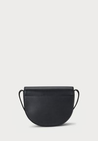 Black leather handbag with a curved design, smooth texture, and dual handles. Magnetic closure and seamless stitching details.