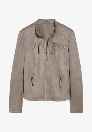 Veste gris clair en suédine synthétique avec fermeture éclair à l'avant, deux poches poitrine et deux poches latérales zippées, coupe ajustée. Texture lisse avec détails de coutures.