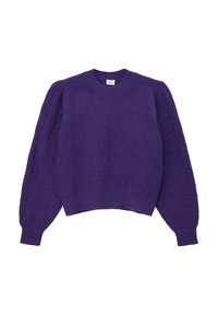 Pull en maille violet avec une finition texturée, col rond et manches longues bouffantes. L'ourlet est court, mettant en valeur la silhouette moderne.