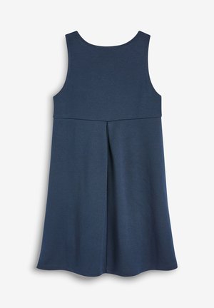 Marineblaues ärmelloses Kleid mit rundem Ausschnitt, lockerem Sitz und plisseeartiger Detailverarbeitung am Rücken, aus einem weichen, glatten Stoff gefertigt.