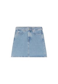 Světle modrá mini sukně z denimu s vysokým pasem, předním knoflíkem, zipovým zapínáním, poutky na pásek a dvěma předními kapsami.
