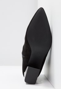 Zapato de tacón alto de ante negro con punta afilada, que presenta una suela texturizada y un tacón liso y mate. Detalle de cremallera en el lateral.