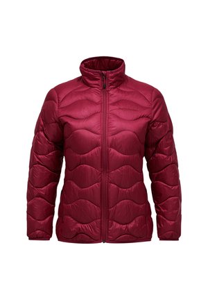 Burgunderfarbene gepolsterte Jacke mit hohem Kragen, frontalem Reißverschluss und einem gesteppten Wellen-Design. Hergestellt aus glänzendem, leichtem Material.