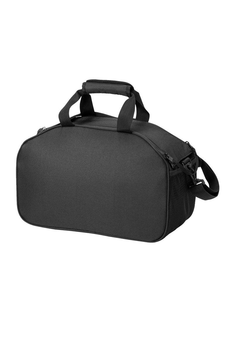 Zwarte stoffen sporttas met een gestructureerde vorm, dubbele handvatten, een afneembare schouderriem en een ritssluitingen. Textuur oppervlak.