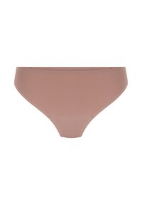 Naadloze lichtbruine dames bikini-ondergoed met een soepele stoftextuur, weergegeven tegen een witte achtergrond.