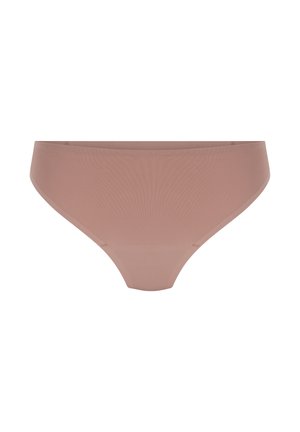 Naadloze lichtbruine dames bikini-ondergoed met een soepele stoftextuur, weergegeven tegen een witte achtergrond.