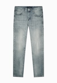 Lichtblauwe denim jeans met een slim fit, een vijf-pocket ontwerp, verouderde textuur en een knoopsluiting in de taille.