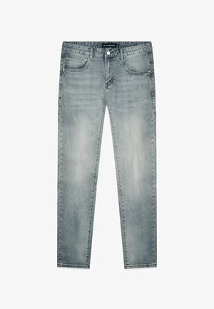 Lichtblauwe denim jeans met een slim fit, een vijf-pocket ontwerp, verouderde textuur en een knoopsluiting in de taille.