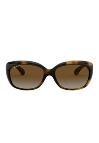 Occhiali da sole con lenti a gradiente marroni, motivo tartaruga, montatura arrotondata e ampia, e dettaglio del logo metallico nell'angolo superiore sinistro.