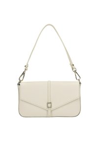 Ivory leren clutch met een omgevouwen flap, zilveren hardware en een decoratieve gesp. Beschikt over een afneembare schouderriem voor veelzijdigheid.