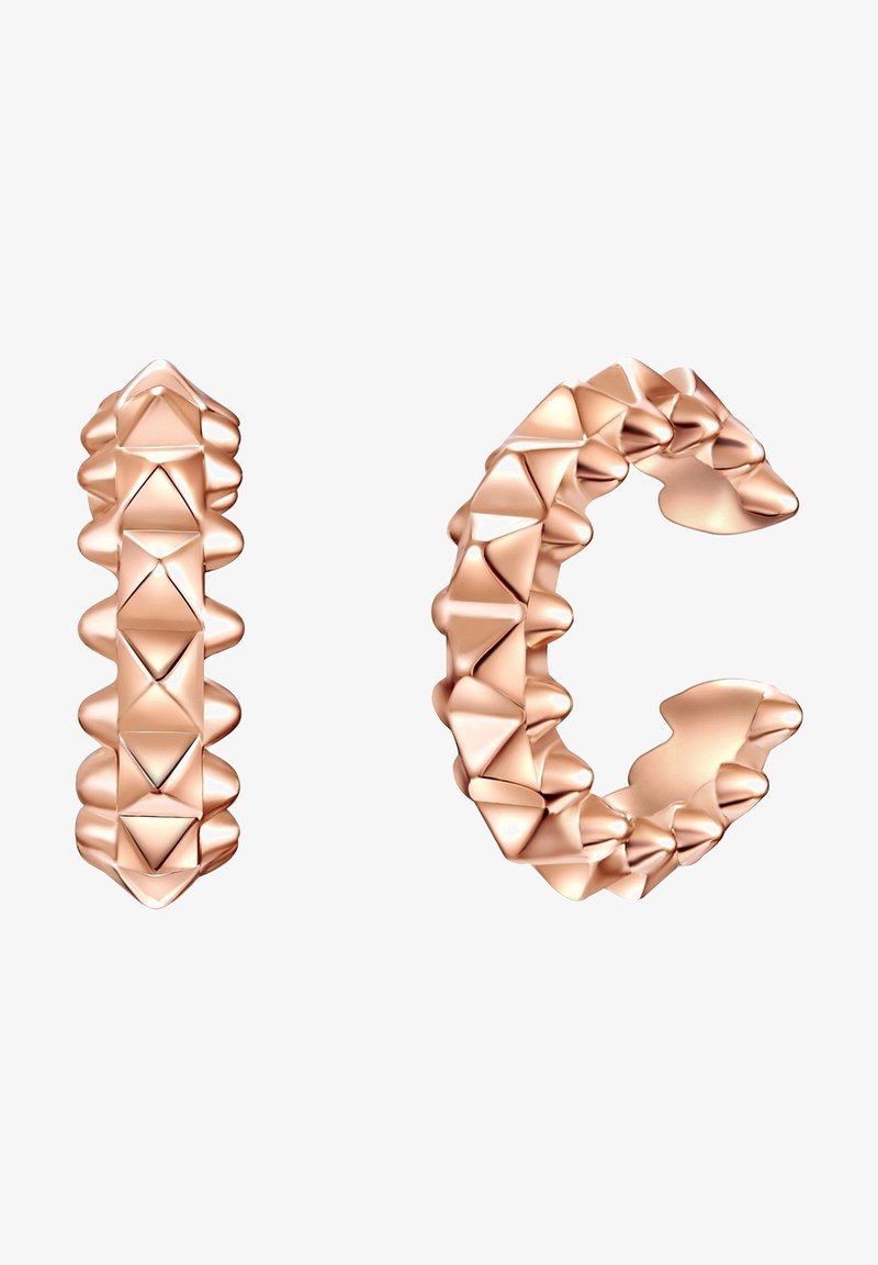 Øreringe i rosaguld med et tekstureret design, der har trekantede studs. Øreringene er åbne og danner en cirkulær form med varierende bredder.