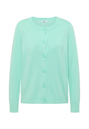 Cárdigan verde claro de manga larga con botones, escote redondo, puños y dobladillo acanalados, cierre frontal con seis botones.