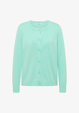 Cárdigan verde claro de manga larga con botones, escote redondo, puños y dobladillo acanalados, cierre frontal con seis botones.