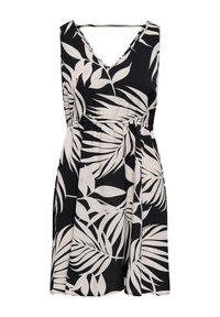 Robe noire sans manches avec imprimé de feuilles tropicales blanches, col en V, taille cintrée et ourlet à hauteur du genou.