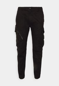 Svarta cargobyxor med elastisk midja, sidofickor med dragkedja, smalnande ben och textil med en matt yta.