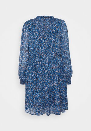 Vestido floral azul hasta la rodilla con mangas largas abullonadas, puños fruncidos, escote alto y cintura fruncida.