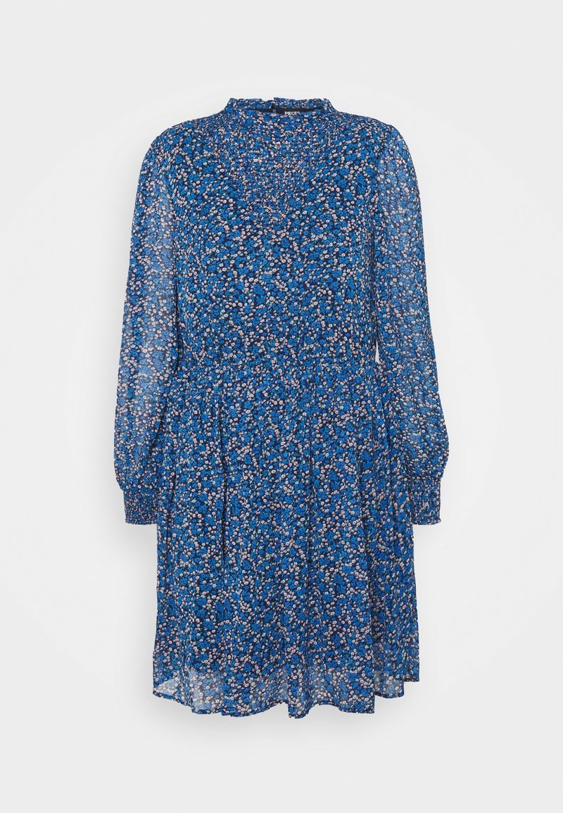 Robe bleue à fleurs jusqu'aux genoux avec manches longues bouffantes, poignets froncés, col montant et taille froncée.