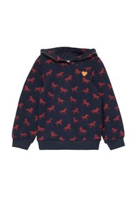 Felpa blu navy con un motivo ripetuto di cavalli rossi, arricchita da un piccolo cuore dorato. Realizzata in tessuto morbido con una vestibilità comoda.