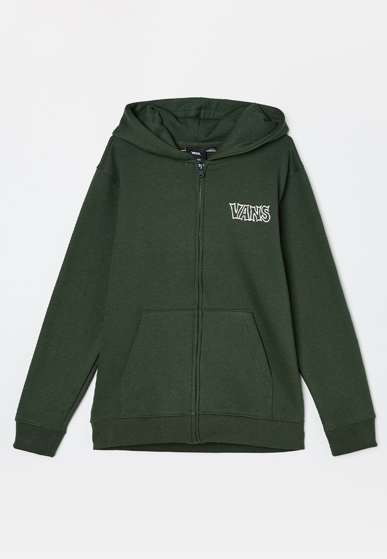 Groene zip-up hoodie van een katoenmix stof. Bevat voorkeurszakken, een trekkoord capuchon en een logo op de linker borst.