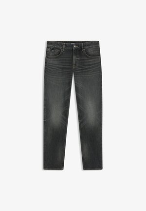 Mørkegrå denimbukser med lige ben, der har diskret slid, fem lommer og knaplukning. Designet til afslappet brug.