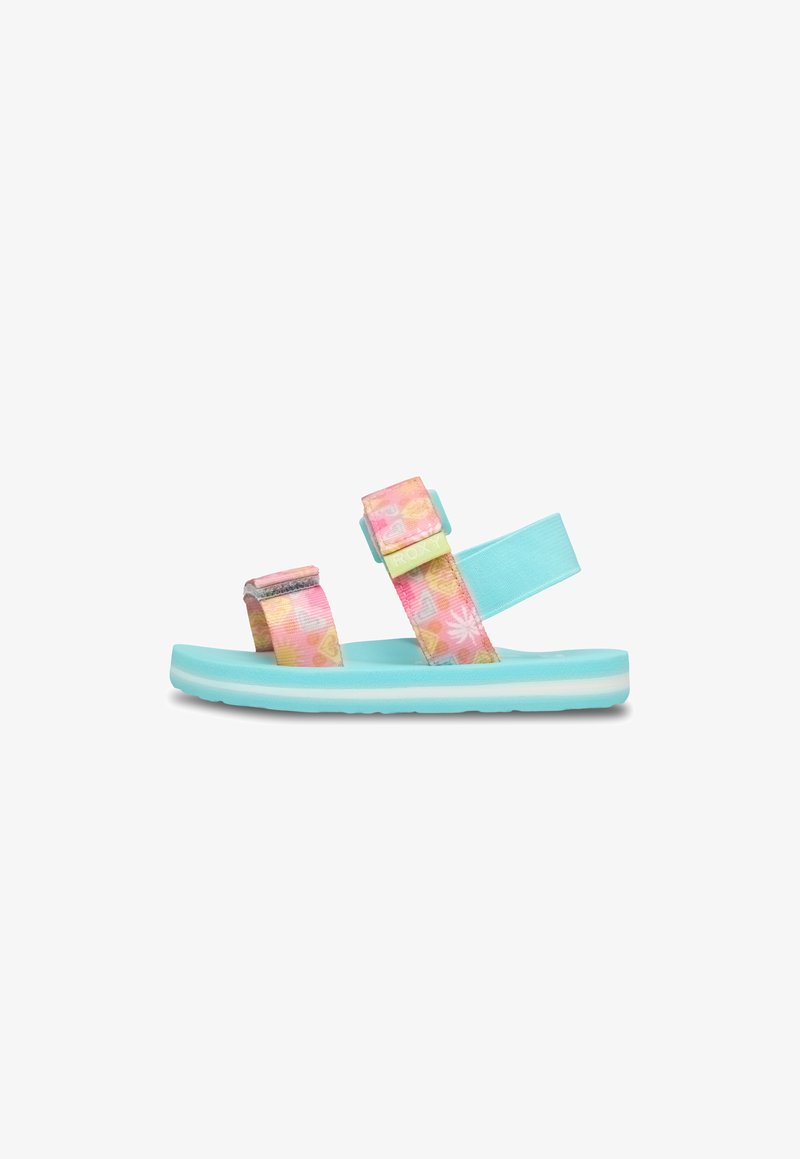 Sandale pour enfants à bout ouvert avec semelle bleu clair, brides ajustables roses et jaunes à motifs, et bride de talon bleue de soutien.