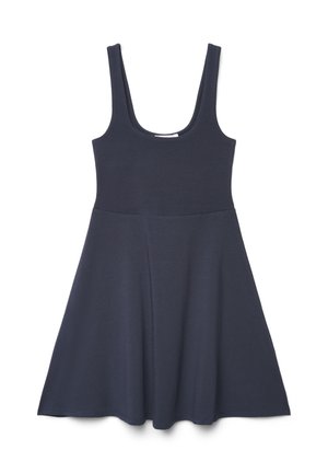 Abito senza maniche blu navy scuro con scollo a U e gonna svasata, mostrato disteso su sfondo bianco.